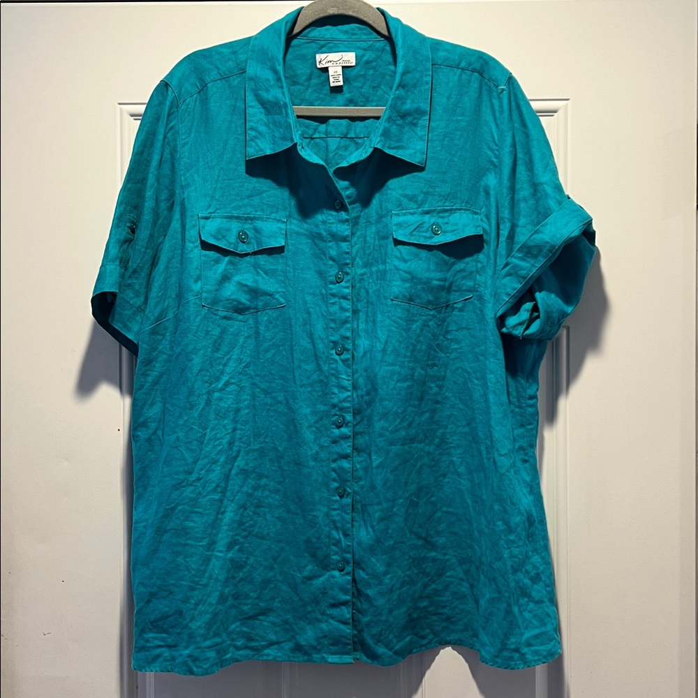 Kim Rogers Teal Button-Up Short Sleeve Blouse